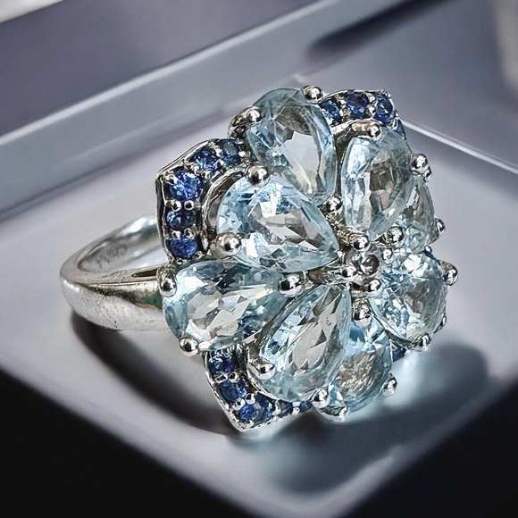 🩵Aquamarine💙Sapphire🤍Topaz Sterling Silver Ring (5.25) - Picture 1 of 15